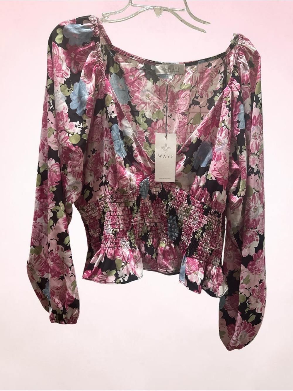NWT WAYF Floral Smocked Waist Peasant Blouse - Pink Multi SZ XL